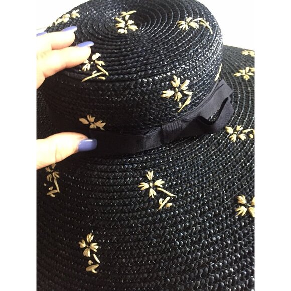 Vtg 1950\'s  Women\'s Hand Woven Straw Hat Navy Blue With Hand Sewn White Flowers main image 4